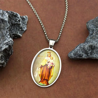Virgin Mary Hold Baby Jesus Glass Medal Pendant Necklace for Women Men Stainless Steel Gold Color Catholic Amulet Chain Jewelry