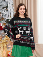 Women Christmas Knit Sweater Letter Deer Snowflake Print Long Sleeve Round Neck Pullovers Fall Winter Casual Jumpers Tops