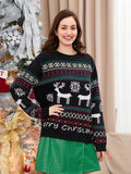 Women Christmas Knit Sweater Letter Deer Snowflake Print Long Sleeve Round Neck Pullovers Fall Winter Casual Jumpers Tops