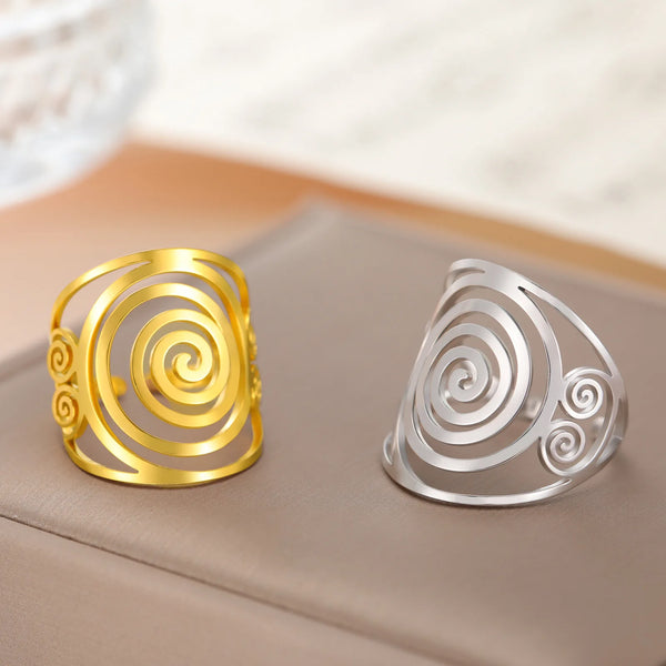 Dreamtimes Fashion Round Geometric Braided Spiral Swirl Ring for Women Stainless Steel Adjustable Thumb Open Ring Jewelry Gifts