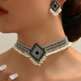 Fashion Vintage Choker Necklace Earrings Set For Women Geometric Crystal Jewelry Sets Simulated Pearl Beads Jewelry Set
