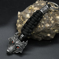 Nordic Mythology Wolf Head Keychain Men's Retro Handmade Survival Rope Lanyard Pendant Keyring Vikings Runes Vegvisir Jewelry