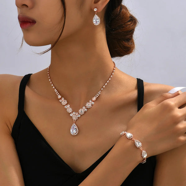 4PC women's fashionable rhinestone water droplet necklace earrings bracelet jewelry set wedding banquet party holiday gift