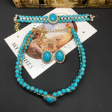 French Retro Elegant Inlaid Turquoise Geometric Necklace Bracelet Earring Set Fashionable High-End Women'S Jewelry