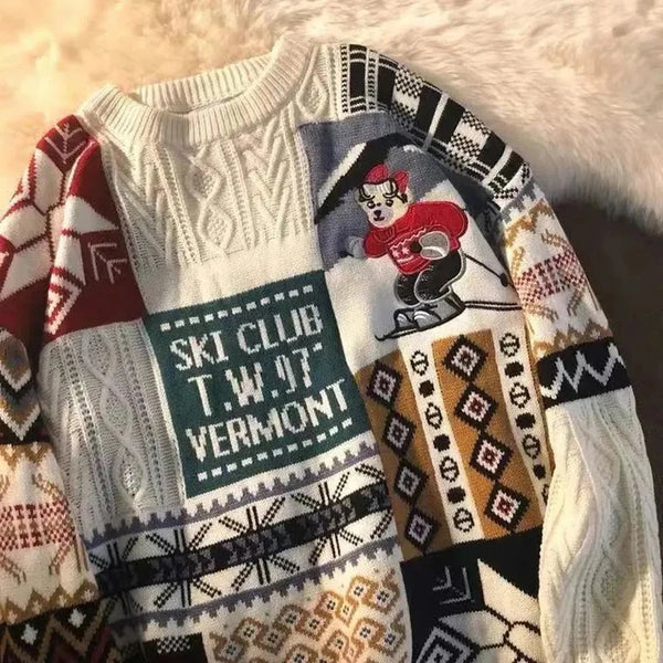 American Vintage Street Knit Sweater Christmas Long Sleeve Bear Pullover O Neck Loose Lazy Casual Top Harajuku Y2K Sweater
