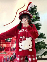 Kawaii Christmas Sanrioed Cartoon Hello Kitty Knitted Sweater Women Knitting Red Knitted Tops Anime New Cute Girls Student Tops