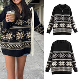 2024 Women Christmas Sweaters Long Sleeve Turn-down Collar Oversized Ugly Holiday Knitted Pullover Sweater