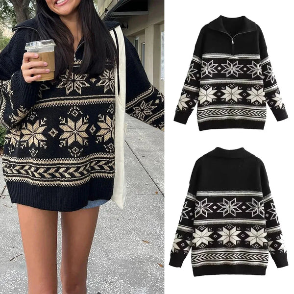 2024 Women Christmas Sweaters Long Sleeve Turn-down Collar Oversized Ugly Holiday Knitted Pullover Sweater
