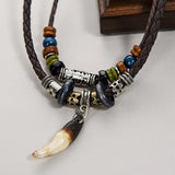 Vintage Men's Wolf Tooth Pendant Necklace Double Layer Leather Rope Necklaces Ancient Tribe Prayer Beaded Choker Charm Chains