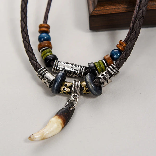 Vintage Men's Wolf Tooth Pendant Necklace Double Layer Leather Rope Necklaces Ancient Tribe Prayer Beaded Choker Charm Chains