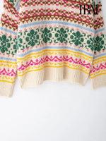 TRAF Women's Fashion 2024 Autumn and Winter Casual Loose Long Sleeve Round Neck Color-Collision Jacquard Knit Christmas Sweater
