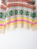 TRAF Women's Fashion 2024 Autumn and Winter Casual Loose Long Sleeve Round Neck Color-Collision Jacquard Knit Christmas Sweater