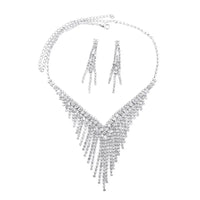 Luxury Crystal Tassel Bride Jewelry Set Rhinestone V Shape Silver-plated Wedding Dress Banquet Necklace Earring Set Ladies Gift