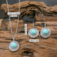 Vintage national imitation Turquoise women's earring necklace set antique silver plated alloy green earring necklace