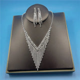 Luxury Crystal Tassel Bride Jewelry Set Rhinestone V Shape Silver-plated Wedding Dress Banquet Necklace Earring Set Ladies Gift