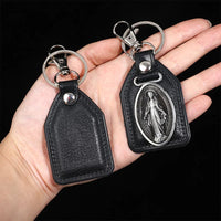 PU Leather Keychain Saint Christopher Charm Pendant Men Antique Bronze Plated Hook Keychain Car Keychain