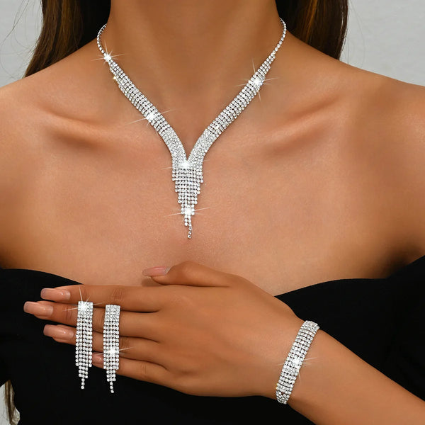 4PC Women's Fashion Geometric Tassel Necklace Earrings Bracelet Jewelry Set Suitable for Wedding, Party, Festival Gifts-8538