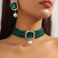 FYUAN Multilayer Green Red Blue Black Crystal Necklace Geometric Square Pearl Earrings For Women Weddings Banquet Jewelry Sets
