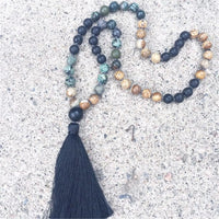 8mm Picture Jasper African Turquoise 108 Beads Tassel Necklace Unisex Lariat Zen Gemstone Prayer Metal Relief Mala Yoga
