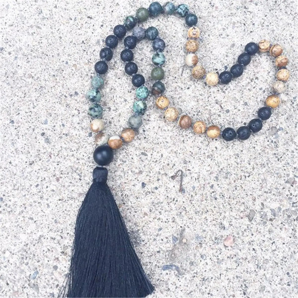 8mm Picture Jasper African Turquoise 108 Beads Tassel Necklace Unisex Lariat Zen Gemstone Prayer Metal Relief Mala Yoga