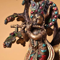 13 inch bronze gold inlay Gem Indian Buddhism Visnu Krishna gods deities statue