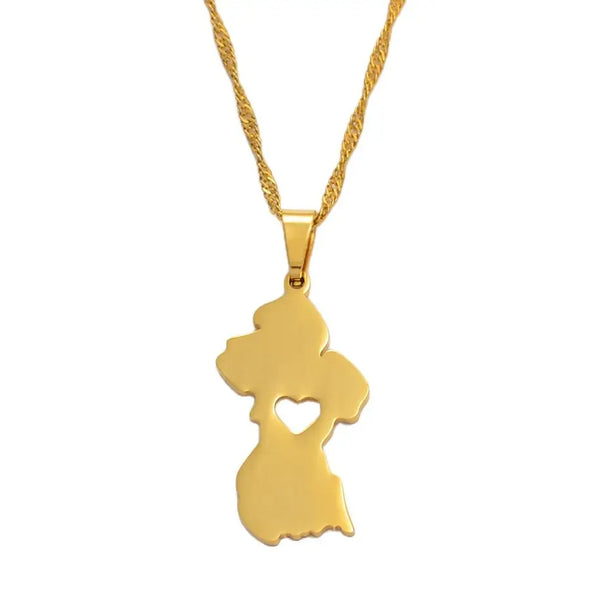 Anniyo Heart Guyana Map Pendant Necklaces Gold Color Guayana Jewelry Republic of Guyana #006221