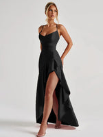 VC Elegant Black Satin Maxi Dress with Crisscross Spaghetti Straps and High Slit Ruffled Hem for High - Profile Occasions
