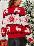 Fairyshely 2025 Winter Print Christmas Knitted Sweater Women Casual O Neck Red Pullover Autumn Ladies Long Sleeve Loose Jumper