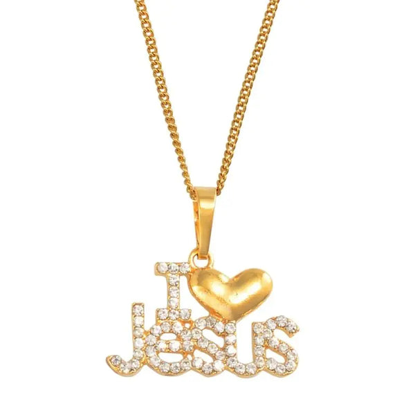 Anniyo Heart I Love Jesus Pendant Chain Necklace Women Girls Gold Color Rhinestone Christian Religious Ornaments Cross @@054306