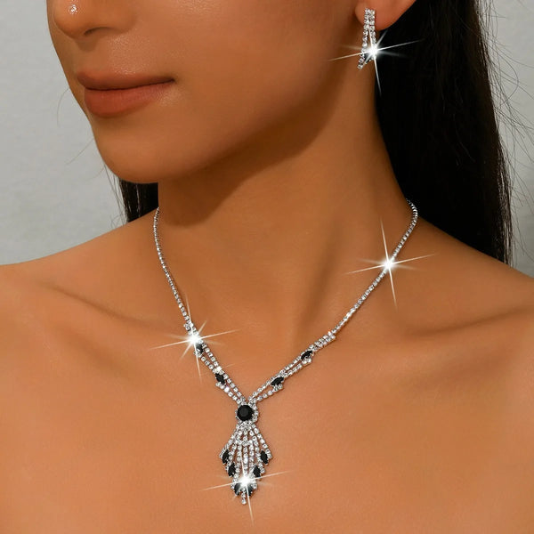 3pcs Exquisite Retro Style Elegant Women Rhinestone Tassel Necklace Earring Set Wedding Banquet Birthday Party Dress Accessories