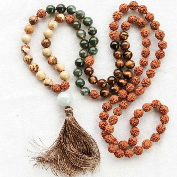 8mm brown Rudraksha Tiger's Eye Moss Agate Jasper 108 knot Necklace Bless Diy Gift Energy Stress Seven Chakras Pray Mala Yoga
