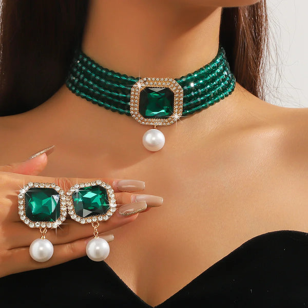FYUAN Multilayer Green Red Blue Black Crystal Necklace Geometric Square Pearl Earrings For Women Weddings Banquet Jewelry Sets