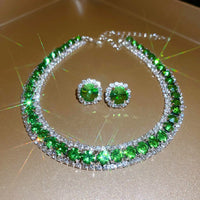 FYUAN Luxury Crystal Necklace Earrings Green Rose pink Blue Necklace for Women Weddings Party Jewelry Sets Accessories