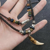Vintage Men's Wolf Tooth Pendant Necklace Double Layer Leather Rope Necklaces Ancient Tribe Prayer Beaded Choker Charm Chains