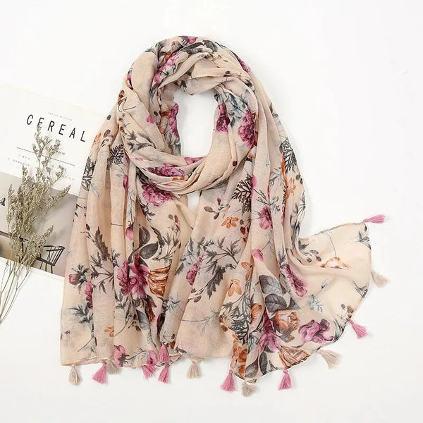 Fashion Printing Flower Tassel Shawl Cotton Viscose Scarf Women
