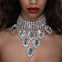 Luxury collar chain fashionable and exaggerated multi row bridal wedding sparkling rhinestone water droplet pendant neck chain