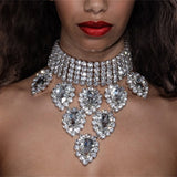 Luxury collar chain fashionable and exaggerated multi row bridal wedding sparkling rhinestone water droplet pendant neck chain