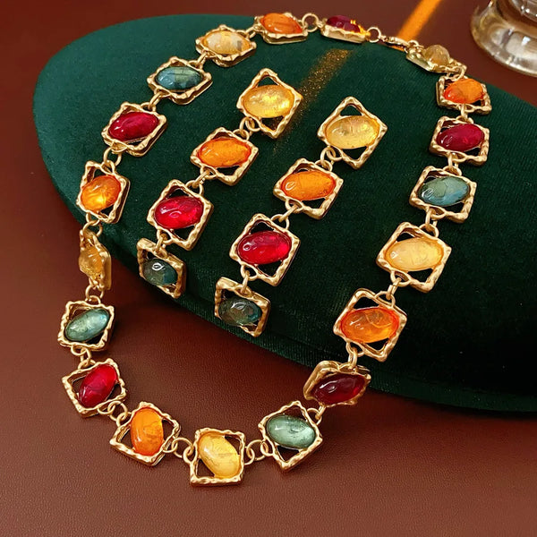 Vintage Colorful Wedding Jewelry Set for Women Silver Needle Tassel Drop Earrings Light Luxury High-end Retro Necklace Set