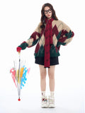Spliced Christmas Hot Red Diamond Grid Top Checkered Round Neck Knit Long Sleeve Retro Sweater Women Street Design Loose Casual