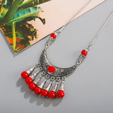 Bohemia Vintage Ethnic Leaf Red Stone Tassel Necklace For Women Gypsy Sliver Color Long Chain Necklace For Girls Tibetan Jewelry