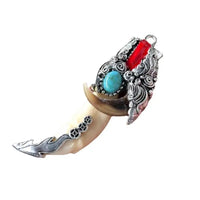 China Cloisonne Tibetan Silver Wild Boar Tusks Teeth Taxidermy Amulet Pendant