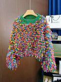 Fringe Crochet Jumper Rainbow Color Handmade Sweater Crew Neck Thick Needles Knit Pullover Knitwear Autumn/Winter Women Clothing