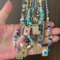 New Style Multi Color Braided Rope Star Moon Heart Hand Eye Charm Necklace,Unique Mix Stone 18K Gold Cotton Cord Jewelry Finding