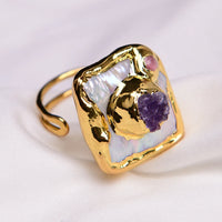 GG Freshwater Cultured White Square Pearl Purple Amethyst Druzy Ring Adjustable