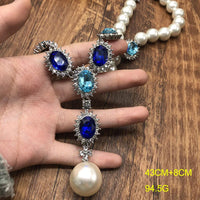 Retro Fashion Pearl Blue Stone Necklace Earrings Multi functional Light Luxury Regular Clavicle Chain Women's Jewelry Gifts