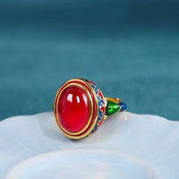 Original ancient gold craftsmanship natural carnelian rings for women flower enamel national style light luxury Wedding jewelry