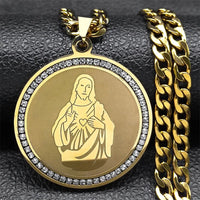 Catholic Saint Benedict Pendant Necklace for Women Men Stainless Steel Gold Color Rhinestone Religion Male Chain Jewelry