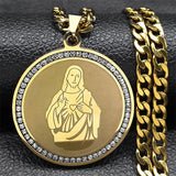 Catholic Saint Benedict Pendant Necklace for Women Men Stainless Steel Gold Color Rhinestone Religion Male Chain Jewelry