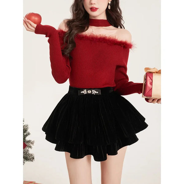 Christmas Theme Splice Design Show Shoulder Knitted Top Winter Hot Sale Of The Season One Shoulder Hanging Neck Slim Fit Body He