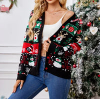 Fashionable knitted V-neck Christmas pattern single breasted long sleeved cardigan for autumn and winter women's casual sweater